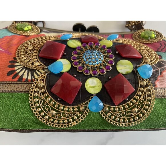 Vtg Mary Frances Handcrafted Embellished Satchel Purse With Faux Gemstones & Flo - Picture 6 of 16